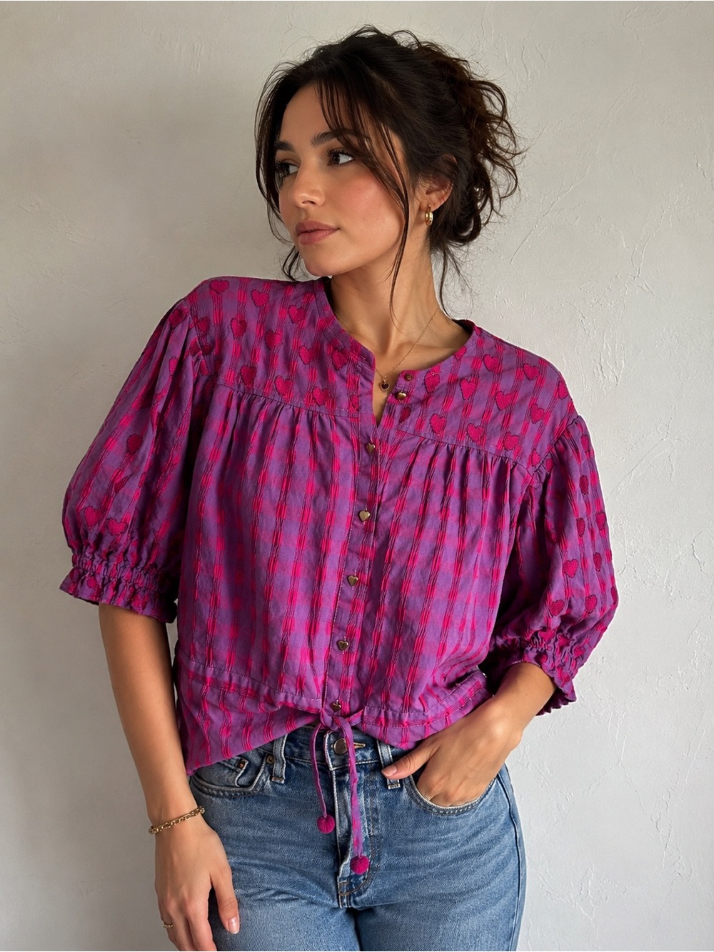 Emily Lovelock Heart Jacquard Puff Sleeve Coquette Romantic Blouse Sz XS